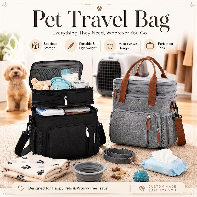 May include: A pet travel bag set with a black and gray bag, a gray carrier, and accessories. The set includes a black bag with multiple compartments, a gray bag with brown handles, a blanket, a collapsible bowl, and a leash. Text on the image reads "Pet Travel Bag".