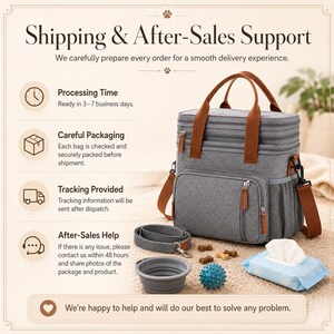 May include: A gray pet carrier bag with brown leather handles and accents. The bag has a shoulder strap and multiple pockets. Accessories include a collapsible bowl, leash, toy, treats, and wipes. Text on the image reads "Shipping & After-Sales Support."