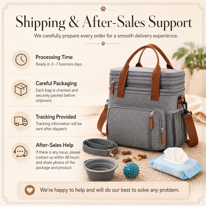 May include: A gray pet carrier bag with brown leather handles and accents. The bag has a shoulder strap and multiple pockets. Accessories include a collapsible bowl, leash, toy, treats, and wipes. Text on the image reads "Shipping & After-Sales Support."