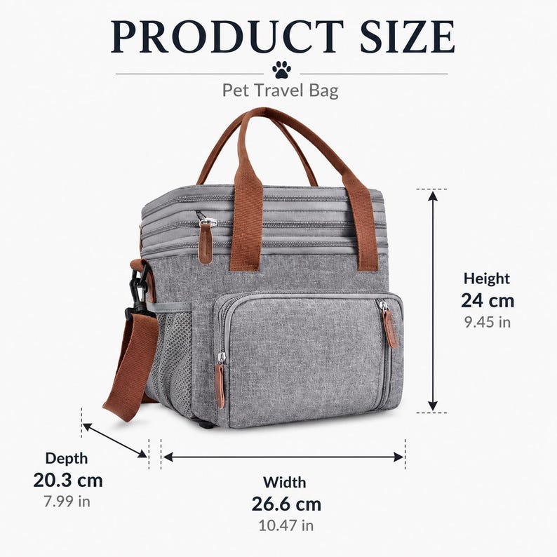 May include: A gray pet travel bag with brown handles and accents. The bag has a front pocket, a side mesh pocket, and a shoulder strap. Dimensions: 10.47 in wide, 7.99 in deep, and 9.45 in high.