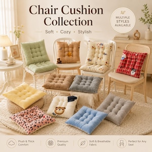 May include: A collection of square chair cushions in various colors and patterns, including green, brown, yellow, pink, blue, and gray. Some cushions feature bear and bow designs. The text reads "Chair Cushion Collection."