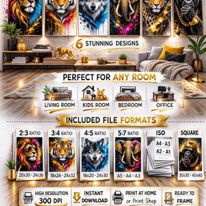 Könnte beinhalten: Digitale Download-Kunstdrucke mit sechs Tierdesigns: Löwe, Tiger, Wolf, Elefant, Leopard und Gorilla. Enthält verschiedene Dateiformate und -größen, wie 50x76 cm, 45x61 cm und 40x51 cm, zum Drucken und Einrahmen.