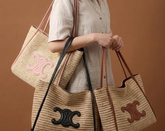 Boho stråväska vävd raffia axelväska stor sommarväska present till henne minimalistisk vävd väska designerinspirerad lyxig stråväska