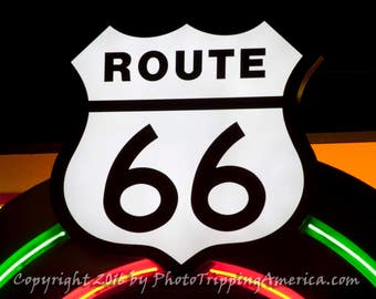 Neon Route 66 Sign, Route 66, Sign, Mother Road, Neon Sign, Retro Sign, Highway, Photo on Canvas,Photo on Metallic Paper,Wall Art, Retro Art