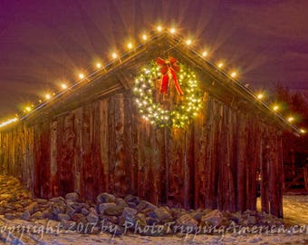 Country Christmas Barn, Christmas, Wreath, Lights, Lighted Christmas Wreath, Christmas Barn, Canvas Art, Barn, Photo on Metallic Paper