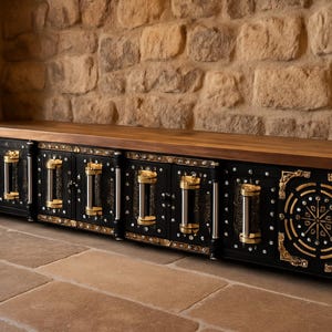May include: A long, black cabinet with gold detailing and a wooden top. The cabinet has ornate gold handles and decorative panels. The background is a stone wall and floor, creating a rustic aesthetic.