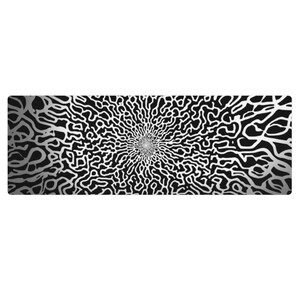 May include: Black and white rectangular mousepad with a swirling, organic pattern. The design features a central spiral expanding outwards, with a complex network of interconnected lines and shapes. The edges have a gradient effect.