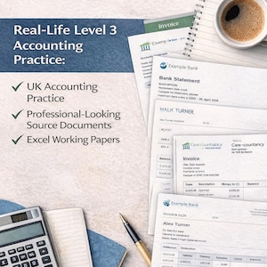 May include: An image featuring accounting documents, a calculator, and a notepad, with the text "UK Bookkeeping Scenario" and "Downloadable Digital Product." A coffee cup is in the top right. The scene suggests a study of bookkeeping.