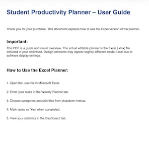 Könnte beinhalten: Ein weißes Dokument mit dem Titel „Student Productivity Planner - User Guide“ mit Anweisungen zur Verwendung der Excel-Version des Planers. Das Dokument enthält Schritte zum Eingeben von Aufgaben und zum Anzeigen von Statistiken.
