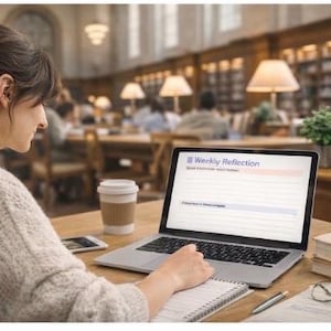Könnte beinhalten: Ein Laptop mit einem "Wöchentliche Reflexion"-Dokument steht auf einem Holztisch. Daneben befinden sich eine Kaffeetasse, ein Smartphone, ein Notizbuch und ein Stift. Die Szene spielt in einer Bibliothek.