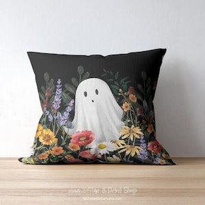 Bonita funda de almohada de fantasma – Funda de almohada de Halloween – Almohada decorativa de otoño – Cojín de Halloween – Almohada navideña Funda de almohada cuadrada de poliéster hilado