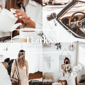 May include: A collage featuring a white teapot pouring tea into a white teacup, a white convertible car interior, a person walking away in a beige coat, and a person taking a photo. The text "Flawless Lightroom Preset" and "Awaken Spirit Co" are also visible.