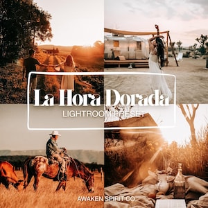 Puede incluir: Un collage de cuatro imágenes con una cálida paleta de colores dorados. Las imágenes incluyen una pareja caminando, una mujer bailando cerca de una caravana, una persona montando a caballo y una escena de picnic. El texto dice "La Hora Dorada Lightroom Preset" y "Awaken Spirit Co."