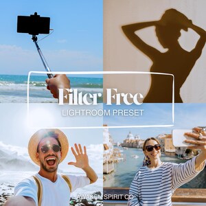 May include: A collage featuring four images with a travel theme. The central text reads "Filter Free Lightroom Preset." The images include a person taking a selfie with a phone, a shadow of a person, and two other people enjoying the outdoors.