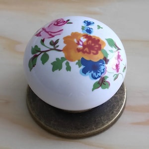Puxador de armário vintage em cerâmica com estampa floral, puxador de gaveta em porcelana amarela antiga, puxador para armário de cozinha, puxador decorativo para móveis.