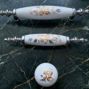 Vintage Porcelain Cabinet Pulls with Gold Floral Detail, Ceramic Drawer Handles for Dressers, Antique Style Kitchen Hardware, Boho Knobs