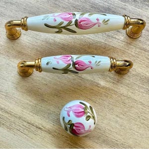 Hand Painted Porcelain Cabinet Knob & Drawer Pull, Floral Vintage Furniture Handle, Gold Ceramic Kitchen Cabinet Handle, Dresser Knob