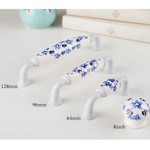 Blue Floral Porcelain Cabinet Handle, Ceramic Drawer Pull, Hand Painted Kitchen Cabinet Hardware, Farmhouse Cupboard Knob
