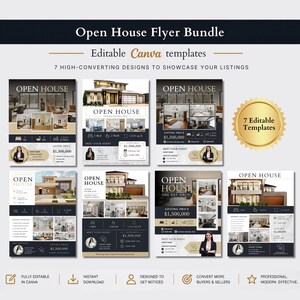 May include: A bundle of seven editable Canva templates for open house flyers. The flyers feature images of homes, listing prices, and agent information. The design includes a gold seal that says "7 Editable Templates". The flyers are designed to showcase listings and convert buyers and sellers.