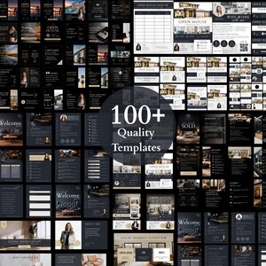 May include: A collection of over 100 quality templates, featuring a dark navy blue and white color scheme. The templates include designs for real estate marketing, open houses, and listing presentations. The text "100+ Quality Templates" is prominently displayed.