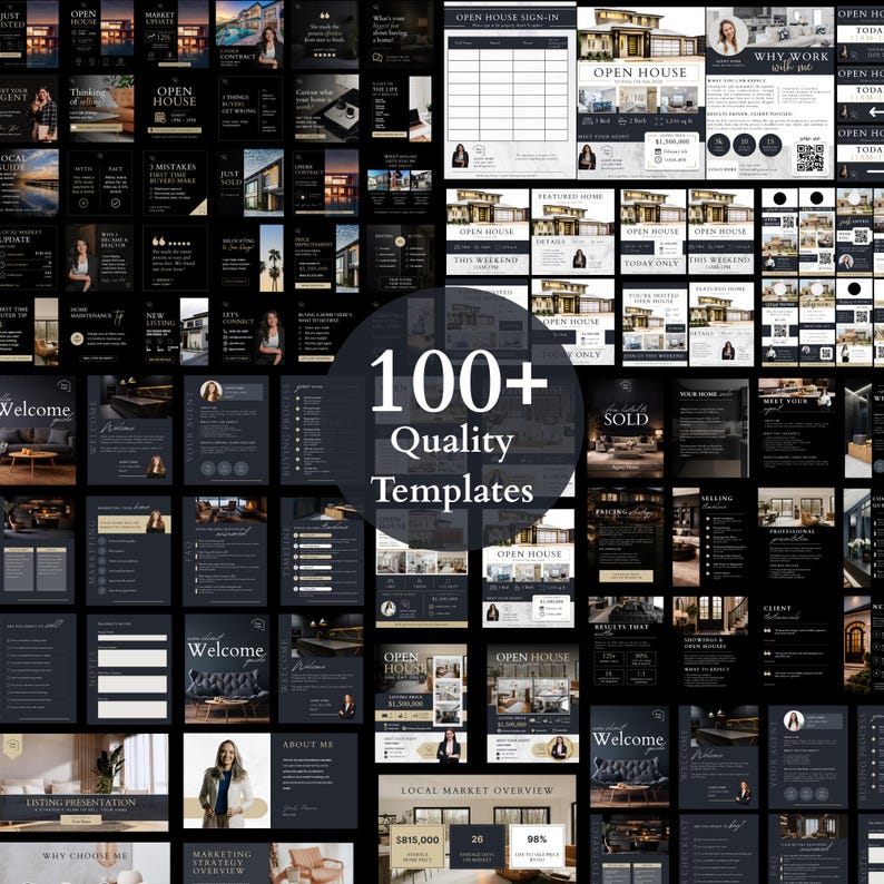 May include: A collection of over 100 quality templates, featuring a dark navy blue and white color scheme. The templates include designs for real estate marketing, open houses, and listing presentations. The text "100+ Quality Templates" is prominently displayed.
