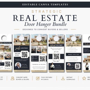 Op de afbeelding: Een verzameling vastgoed deurhanger sjablonen met een modern ontwerp. De sjablonen bevatten afbeeldingen van huizen, QR-codes en tekst zoals "Open House" en "Just Listed". Het kleurenschema is voornamelijk zwart, wit en beige.