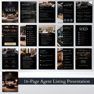 May include: A 16-page agent listing presentation with a black and white design. The presentation includes sections on selling, pricing, and client testimonials. The phrase "from listed to SOLD" is displayed prominently.