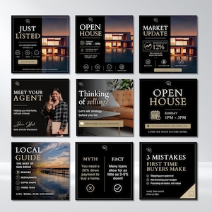 Op de afbeelding: Een verzameling van negen social media posts met een zwart en goud kleurenschema. De posts promoten vastgoeddiensten, waaronder open huizen, marktupdates en lokale gidsen. Tekst bevat "Just Listed", "Meet Your Agent" en "3 Mistakes First Time Buyers Make."