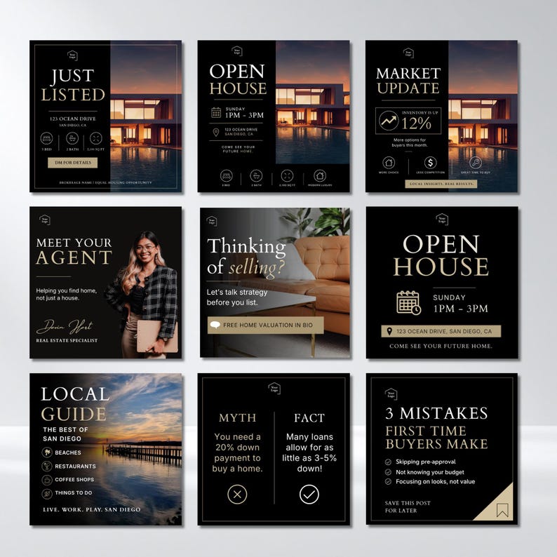 Op de afbeelding: Een verzameling van negen social media posts met een zwart en goud kleurenschema. De posts promoten vastgoeddiensten, waaronder open huizen, marktupdates en lokale gidsen. Tekst bevat "Just Listed", "Meet Your Agent" en "3 Mistakes First Time Buyers Make."