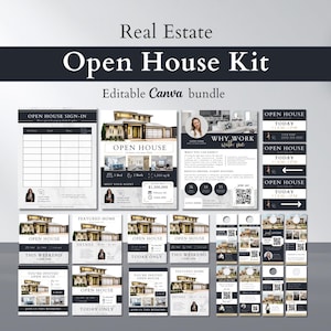 Op de afbeelding: Een vastgoed Open Huis Kit met diverse marketingmaterialen. De kit bevat aanmeldformulieren, flyers, deurhangers en bewegwijzering. Het ontwerp is modern met een donker marineblauw en wit kleurenschema, met afbeeldingen van huizen.