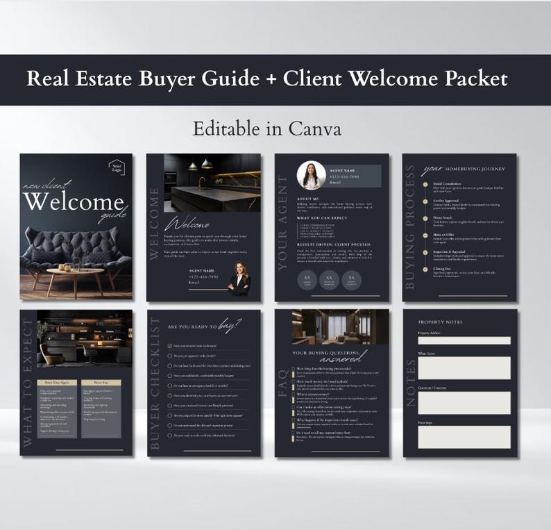 May include: A dark gray real estate buyer guide and client welcome packet. The guide includes pages with text such as "Welcome", "Your Agent", "Buying Process", and "FAQ". The phrase "Editable in Canva" is also visible.