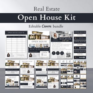 May include: A collection of real estate marketing materials, including open house signs, flyers, and sign-in sheets. The kit features a modern design with images of houses and the text "Open House Kit" and "Editable Canva bundle."