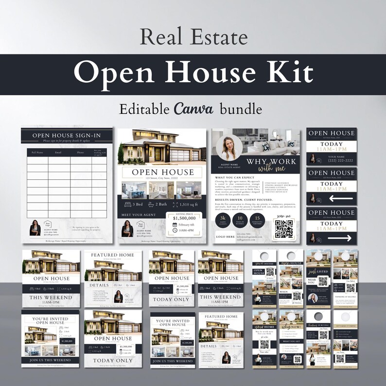 May include: A collection of real estate marketing materials, including open house signs, flyers, and sign-in sheets. The kit features a modern design with images of houses and the text "Open House Kit" and "Editable Canva bundle."
