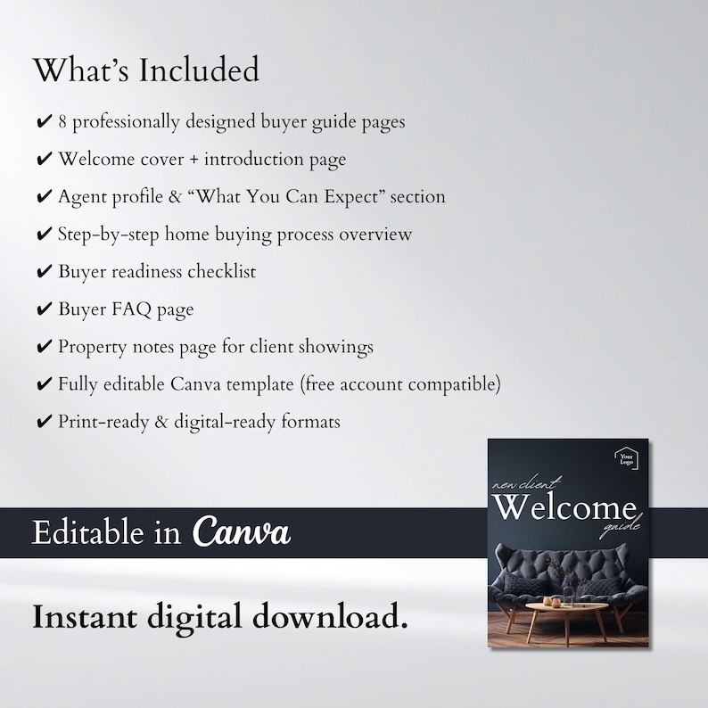 K&ouml;nnte beinhalten: Ein digitaler Download mit dunklem Hintergrund und dem Text "What's Included", gefolgt von einer Liste von Funktionen. Das Bild enth&auml;lt auch den Text "Editable in Canva" und "Instant digital download."