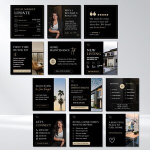 Op de afbeelding: Een verzameling zwarte en gouden marketingafbeeldingen voor onroerend goed. De afbeeldingen bevatten informatie over lokale marktupdates, nieuwe aanbiedingen en tips voor starters. Andere afbeeldingen bevatten getuigenissen, onderhoudsadvies en prijsverbeteringen.