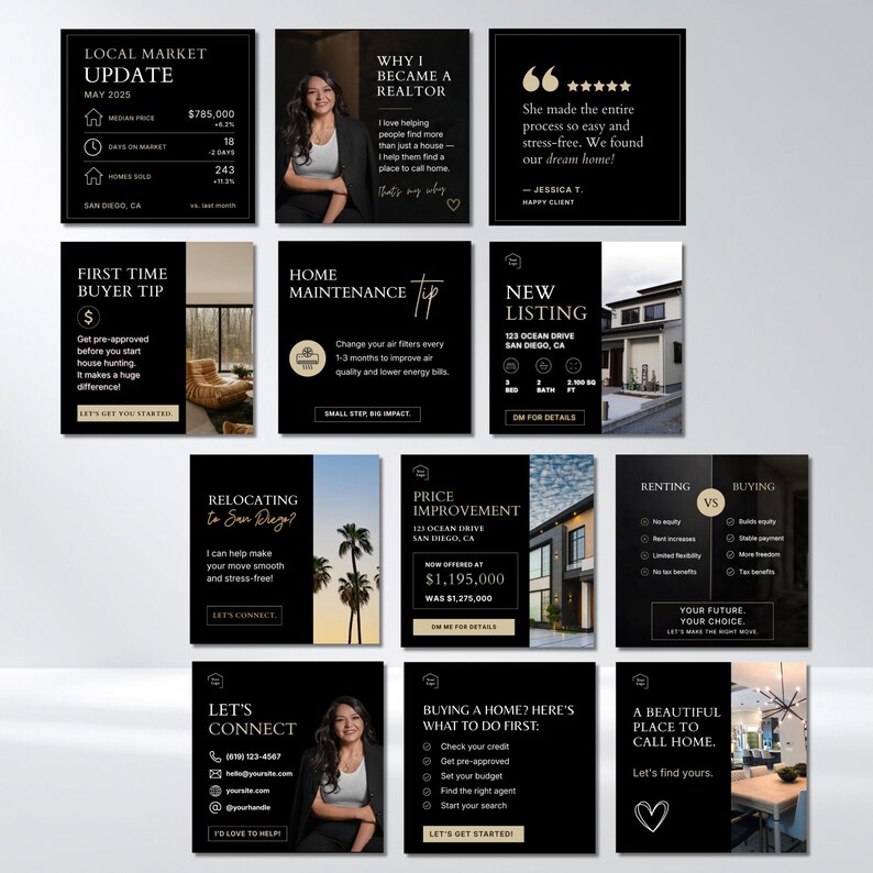 Op de afbeelding: Een verzameling zwarte en gouden marketingafbeeldingen voor onroerend goed. De afbeeldingen bevatten informatie over lokale marktupdates, nieuwe aanbiedingen en tips voor starters. Andere afbeeldingen bevatten getuigenissen, onderhoudsadvies en prijsverbeteringen.