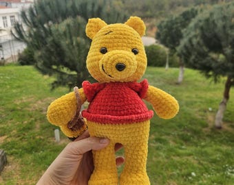 Handmade Velvet Winnie the Pooh Amigurumi, Soft Plush Bear with Honey Pot, Nursery Decor