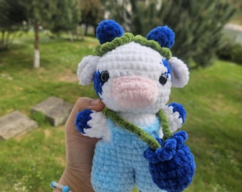 Custom Handmade Velvet Cow Plushie - Blue Spotted Amigurumi Cow