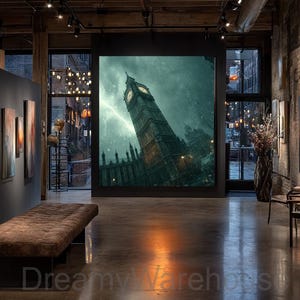 Puede incluir: Interior de una galería de arte con suelo de hormigón pulido y paredes de ladrillo visto. La galería presenta varias pinturas abstractas enmarcadas con paletas de colores cálidos. Una gran imagen del Big Ben se muestra en una pared.