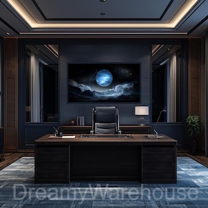 May include: A luxurious, modern office space with dark wood furniture and a large window overlooking a cityscape at night. The room features a large desk, a leather chair, and a large painting of a blue planet. The walls are dark blue with wood paneling.