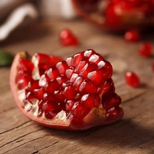 May include: A close-up of a pomegranate wedge, showcasing vibrant red seeds. The fruit's outer skin is a mix of red and pink, with a few loose seeds scattered on a wooden surface. The image highlights the juicy texture and color of the fruit.