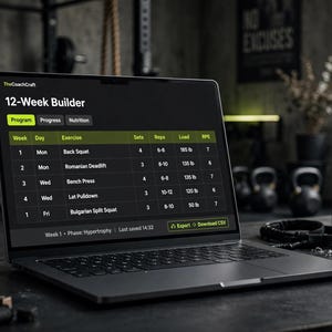 May include: A dark gray laptop displaying a 12-Week Builder fitness program interface on its screen. The software shows a table with columns for week, day, exercise, sets, reps, load in pounds, and RPE. The interface features green accents.