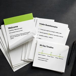 Puede incluir: Una pila de documentos de papel blanco con detalles en verde lima, que incluye una carta de bienvenida, un cuestionario de admisión con casillas de verificación y un gráfico de cronograma de 90 días. Un bolígrafo negro y un teléfono inteligente.