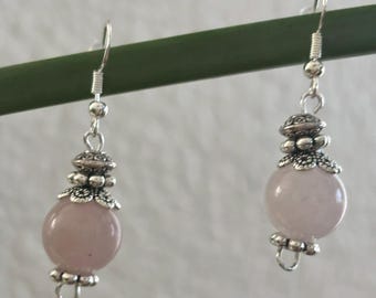Pendientes de cuarzo rosado hechos a mano - Ganchos de plata de ley, colgante, caja de regalo
