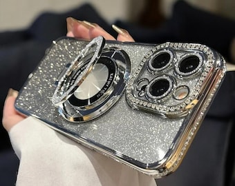 Luxury MagSafe Glitter Diamond Phone Case for iPhone 17 16 15 14 13 12 11 Pro Max | Magnetic Stand Holder Silicone Cover