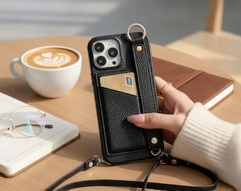 Wrist Strap Ring Wallet Phone Case for iPhone 16 15 Plus 14 13 12 11 Pro Max | Crossbody Leather Card Holder Cover