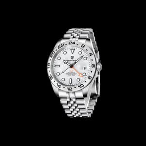 May include: A silver wristwatch with a white face and a stainless steel strap. The watch has black numerals, a date display, and orange detailing. The watch face includes the text "GMT AUTOMATIC WATER RESISTANT 10BAR/100M".
