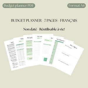 Peut inclure: Un planificateur budgétaire PDF avec le texte "Budget planner - 7 pages - Français". Le planificateur comprend des pages pour la budgétisation, les objectifs et le suivi hebdomadaire. Le format est A4, et le planificateur est non daté et réutilisable.