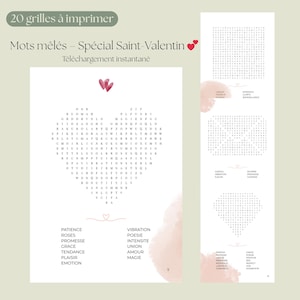 Peut inclure: Une feuille de mots mêlés imprimable sur le thème de la Saint-Valentin. La feuille présente une recherche de mots en forme de cœur et une liste de mots connexes. Le texte indique "20 grilles à imprimer" et "Mots mêlés - Spécial Saint-Valentin".