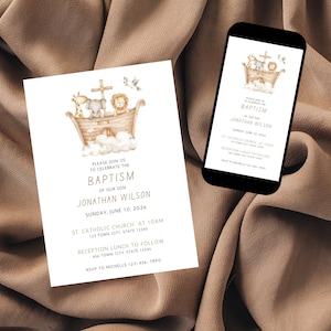 May include: Baptism invitation featuring an illustration of Noah's Ark with animals. The invitation includes the text "Please join us to celebrate the baptism of our son Jonathan Wilson" and event details. A smartphone displays the same design.